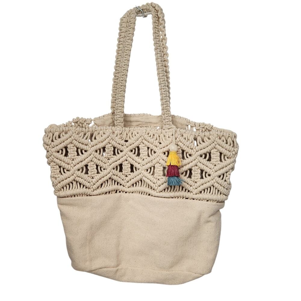 Nanette Lepore Cream Canvas Macramé Tote Shoulder Bag with Tassel‎ Women L